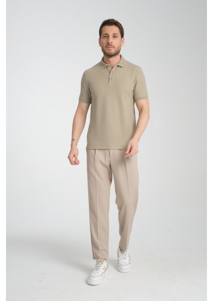 Walfer Erkek Vizon %100 Pamuk Waffle Çekmeyen Kumaş Slim Fit Kıvrılmaz Yaka Polo Yaka Tişört