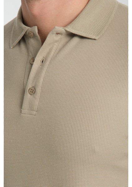 Walfer Erkek Vizon %100 Pamuk Waffle Çekmeyen Kumaş Slim Fit Kıvrılmaz Yaka Polo Yaka Tişört modelleri