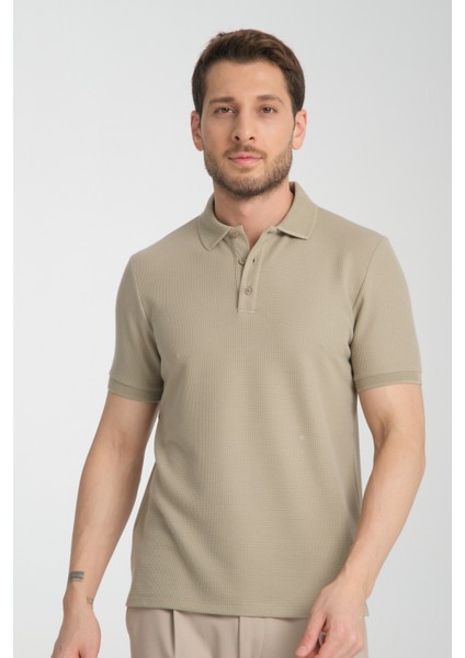 Walfer Erkek Vizon %100 Pamuk Waffle Çekmeyen Kumaş Slim Fit Kıvrılmaz Yaka Polo Yaka Tişört fırsatları