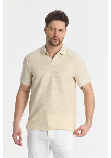 Nikol Erkek Bej Likralı Pamuk Karışımlı Esneyen Kumaş Spor Yaka Slim Fit Polo Yaka Tişört