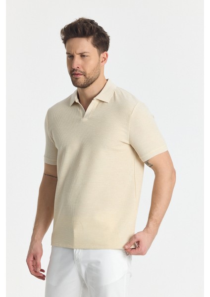 Nikol Erkek Bej Likralı Pamuk Karışımlı Esneyen Kumaş Spor Yaka Slim Fit Polo Yaka Tişört modelleri