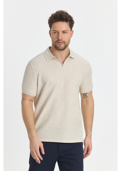 Nikol Erkek Krem Likralı Pamuk Karışımlı Esneyen Kumaş Spor Yaka Slim Fit Polo Yaka Tişört