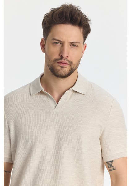 Nikol Erkek Krem Likralı Pamuk Karışımlı Esneyen Kumaş Spor Yaka Slim Fit Polo Yaka Tişört fiyatları