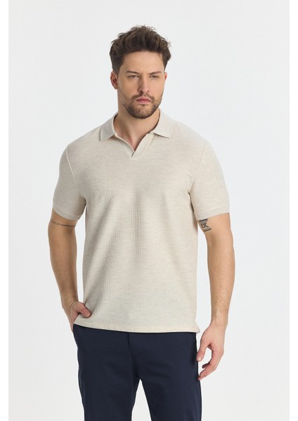 Nikol Erkek Krem Likralı Pamuk Karışımlı Esneyen Kumaş Spor Yaka Slim Fit Polo Yaka Tişört modelleri