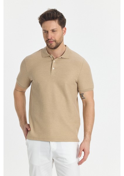 Nikol Erkek Camel Likralı Pamuk Karışımlı Melanj Efektli Slim Fit Kıvrılmaz Yaka Polo Yaka Tişört