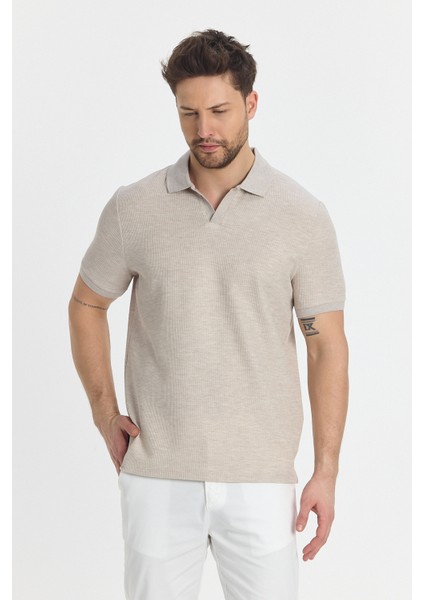 Nikol Erkek Vizon Likralı Pamuk Karışımlı Esneyen Kumaş Spor Yaka Slim Fit Polo Yaka Tişört