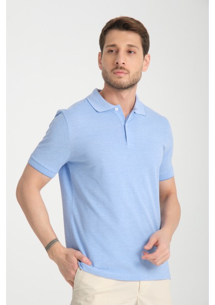 Boggee Pedso Erkek Açık Mavi Italyan Yaka Çekmez Likralı %100 Pamuklu Kumaş Slim Fit Polo Yaka Tişört