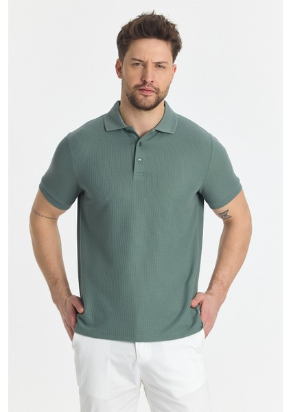 Walfer Erkek Yeşil Likralı Pamuk Karışımlı Yaka Detaylı Slim Fit Kıvrılmaz Yaka Polo Yaka Tişört