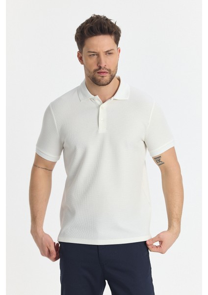 Walfer Erkek Ekru Likralı Pamuk Karışımlı Yaka Detaylı Slim Fit Kıvrılmaz Yaka Polo Yaka Tişört