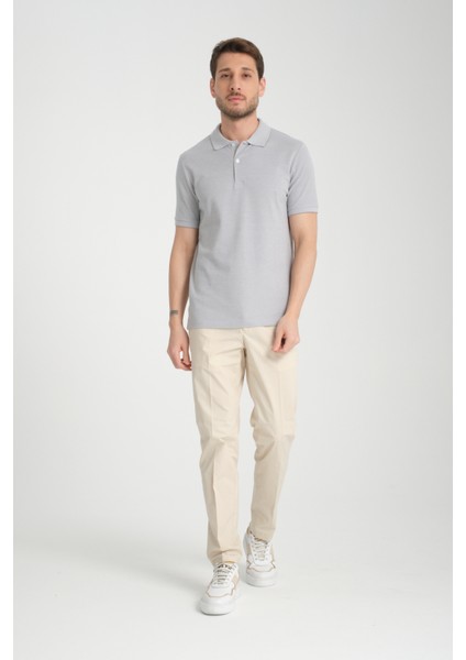 Boggee Pedso Erkek Gri Italyan Yaka Çekmez Likralı %100 Pamuklu Kumaş Slim Fit Polo Yaka Tişört