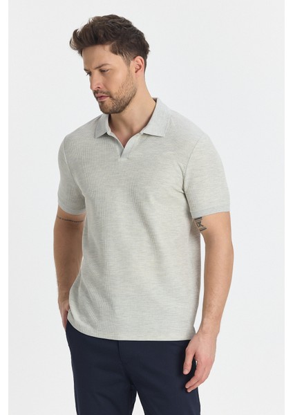 Nikol Erkek Gri Likralı Pamuk Karışımlı Esneyen Kumaş Spor Yaka Slim Fit Polo Yaka Tişört