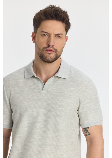 Nikol Erkek Gri Likralı Pamuk Karışımlı Esneyen Kumaş Spor Yaka Slim Fit Polo Yaka Tişört