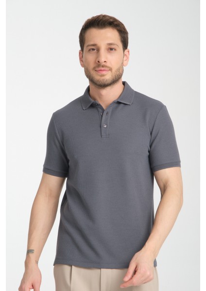 Walfer Erkek Antrasit %100 Pamuk Waffle Çekmeyen Kumaş Slim Fit Kıvrılmaz Yaka Polo Yaka Tişört