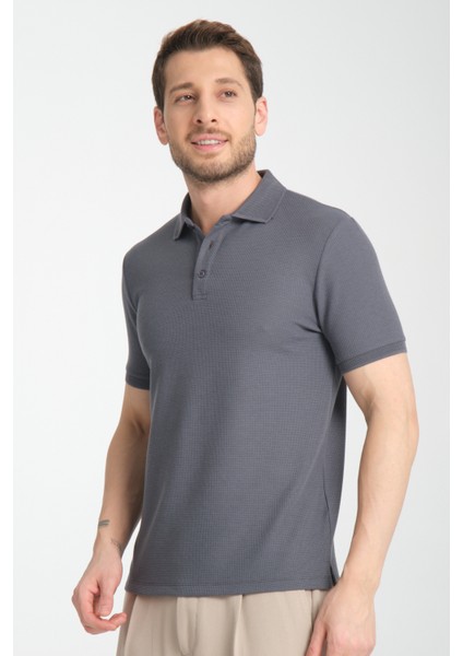 Walfer Erkek Antrasit %100 Pamuk Waffle Çekmeyen Kumaş Slim Fit Kıvrılmaz Yaka Polo Yaka Tişört modelleri