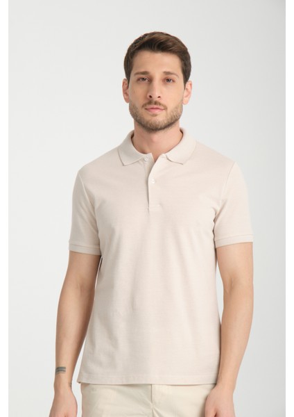 Boggee Pedso Erkek Açık Bej Italyan Yaka Çekmez Likralı %100 Pamuklu Kumaş Slim Fit Polo Yaka Tişört