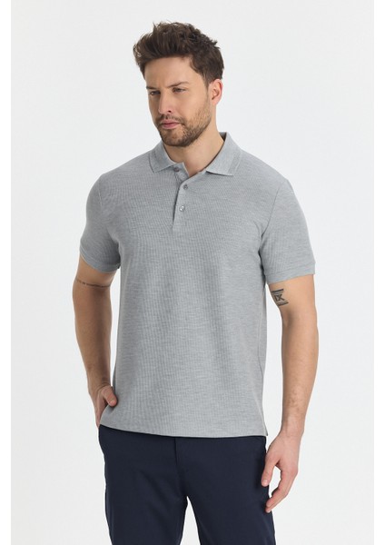 Walfer Erkek Gri Likralı Pamuk Karışımlı Yaka Detaylı Slim Fit Kıvrılmaz Yaka Polo Yaka Tişört