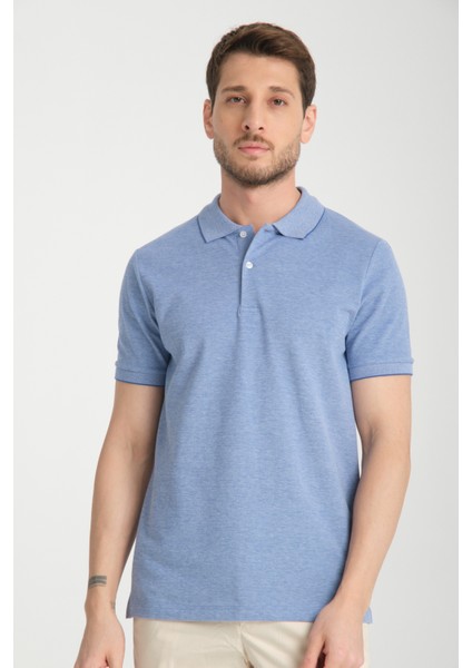 Boggee Pedso Erkek Mavi Italyan Yaka Çekmez Likralı %100 Pamuklu Kumaş Slim Fit Polo Yaka Tişört