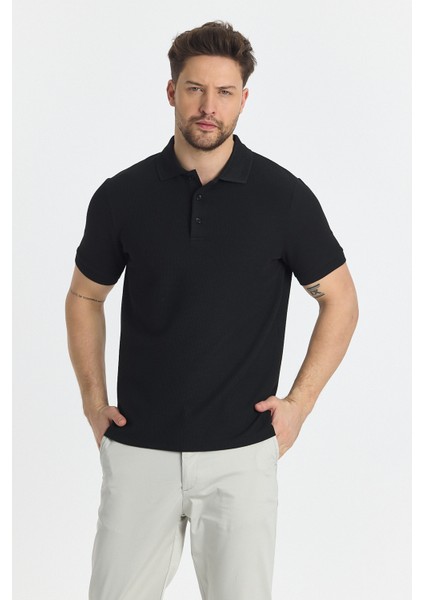 Walfer Erkek Siyah Likralı Pamuk Karışımlı Yaka Detaylı Slim Fit Kıvrılmaz Yaka Polo Yaka Tişört modelleri