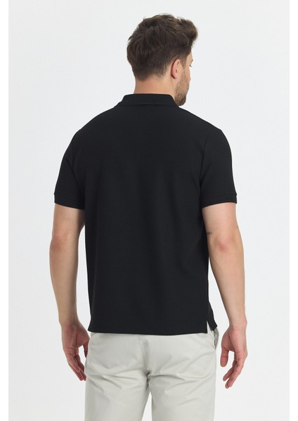 Walfer Erkek Siyah Likralı Pamuk Karışımlı Yaka Detaylı Slim Fit Kıvrılmaz Yaka Polo Yaka Tişört fırsatları