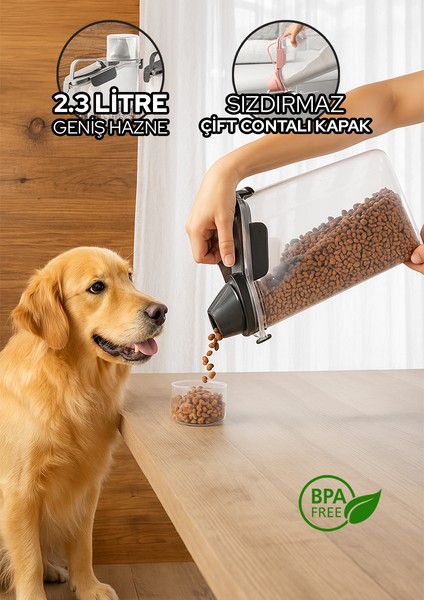 2300ML Köpek Maması Saklama Kabı Kırılmaz Sızdırmaz Çift Contalı Ölçekli Geniş Hazneli Bpa Free