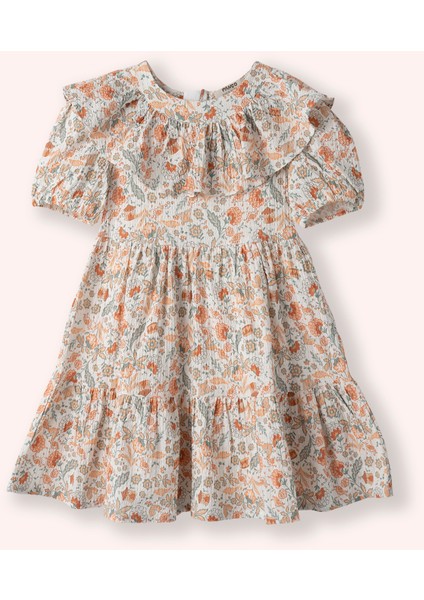 Kız Çocuk Çiçek Desenli Yaka Detaylı Ekru Elbise