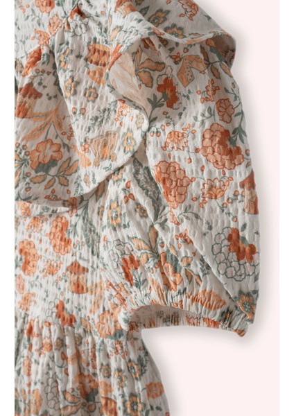 Kız Çocuk Çiçek Desenli Yaka Detaylı Ekru Elbise fiyatları