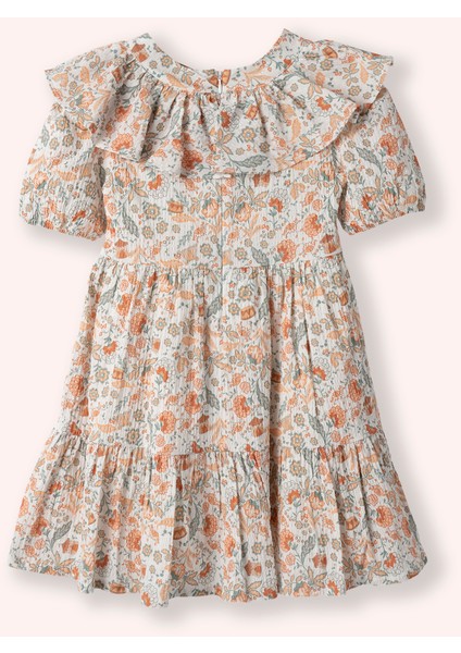 Kız Çocuk Çiçek Desenli Yaka Detaylı Ekru Elbise modelleri