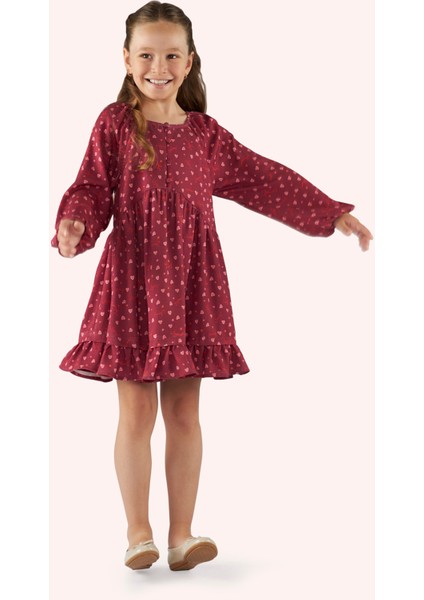 Kız Çocuk Kalp Desenli Kırmızı Elbise
