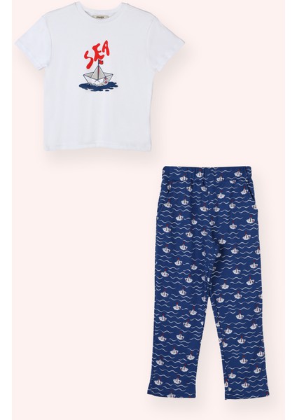 Erkek Çocuk Kayık Desenli Lacivert Pijama Takım
