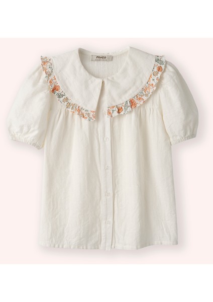 Kız Çocuk Yakası Fırfırlı Çiçek Detaylı Ekru Gömlek