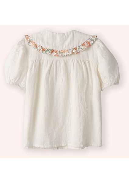 Kız Çocuk Yakası Fırfırlı Çiçek Detaylı Ekru Gömlek modelleri