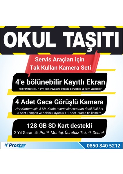 Kayıtlı Okul ve Servis Taşıtları 4 Lü Kamera 7 Inç Monitör Full Set 256 GB Sd Kart Desteği