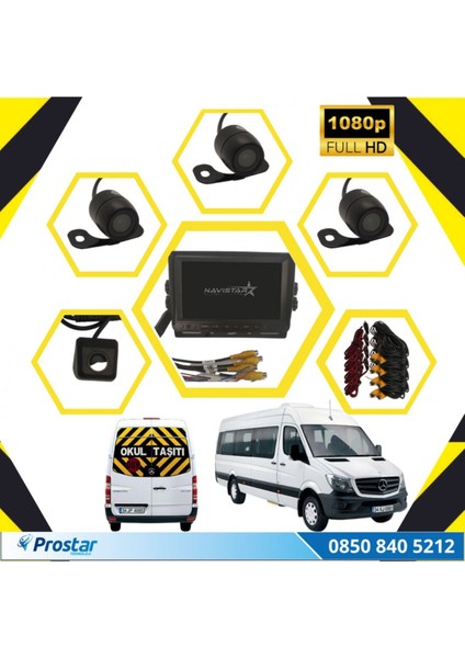 Kayıtlı Okul ve Servis Taşıtları 4 Lü Kamera 7 Inç Monitör Full Set 256 GB Sd Kart Desteği