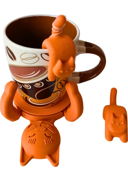 3D 1 Adet Sevimli Kedi Figürlü Bardak Altlığı ve 2 Adet Sevimli Kedi Çay Poşeti Tutacağı Seti