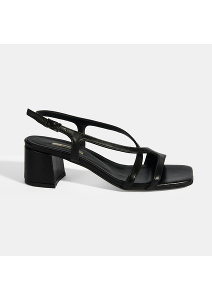 Siyah Kadın Toka Aksesuarlı Slingback Deri Topuklu Sandalet