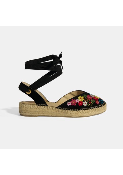 Limited Edition Siyah Kadın Çiçek Nakışlı Jüt Bağcıklı Slingback Espadril