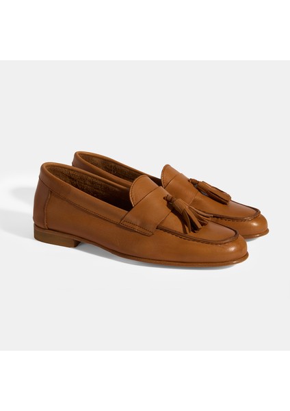 Taba Kadın Püskül Detaylı Slip-On Deri Loafer