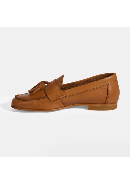 Taba Kadın Püskül Detaylı Slip-On Deri Loafer