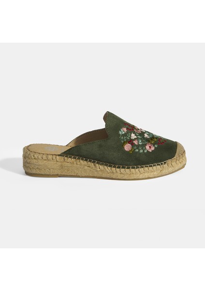 Limited Edition Yeşil Kadın Çiçek Nakışlı Süet Espadril Terlik