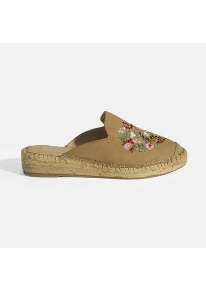 Limited Edition Bej Kadın Çiçek Nakışlı Süet Espadril Terlik