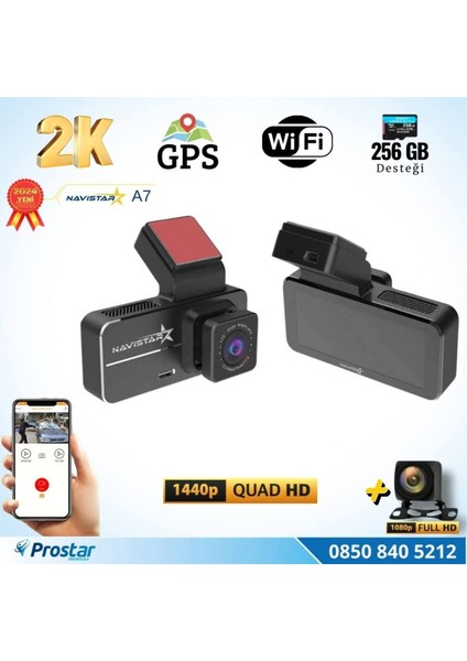 A7 Wifi + Gps 2k Çift Kameralı 170° Geniş Açı Lens Gece Görüşlü Akıllı Araç Içi Kamera + 1080P Arka