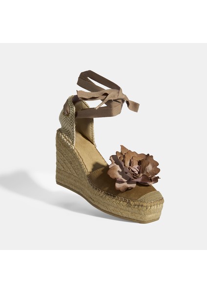 Limited Edition Bej Kadın Çiçek Aksesuarlı Jüt Bağcıklı Dolgu Topuklu Süet Espadril
