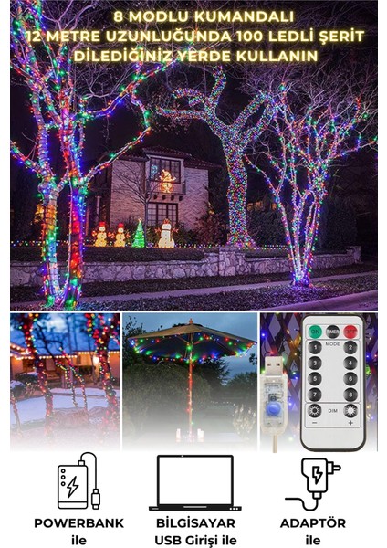 100 Ledli Usbli Kumandalı 8 Modlu Şerit LED Işık Parti Süsleme Organizasyon RGB Işık Renkli Siyah Kablolu fiyatları
