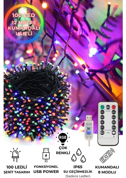 100 Ledli Usbli Kumandalı 8 Modlu Şerit LED Işık Parti Süsleme Organizasyon RGB Işık Renkli Siyah Kablolu modelleri