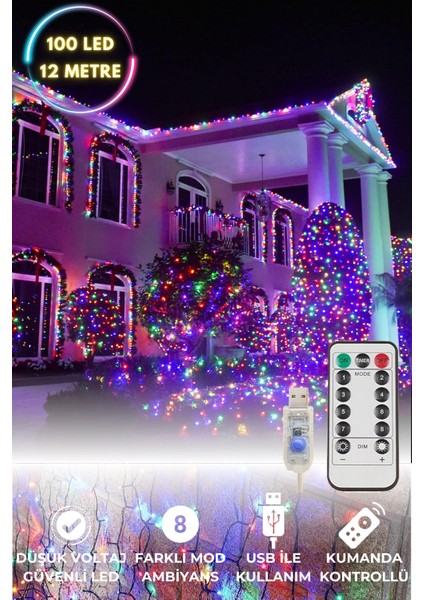 100 Ledli Usbli Kumandalı 8 Modlu Şerit LED Işık Parti Süsleme Organizasyon RGB Işık Renkli Siyah Kablolu fırsatları