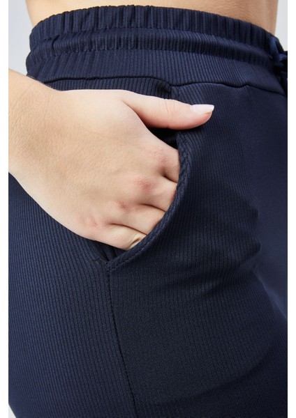 Curve Kadın Lacivert Çift Cepli Beli Lastikli Boru Paça Fitilli Tayt Eşofman Altı modelleri