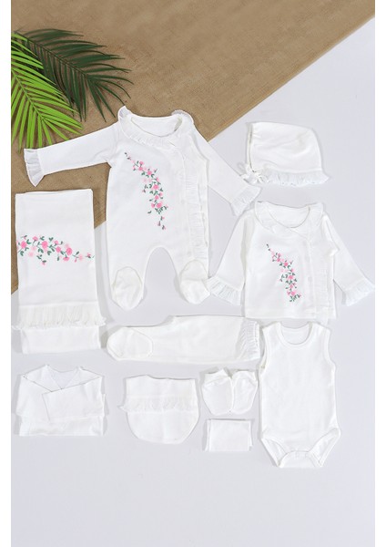 Kız Bebek Ekru Lüks Süslü Fistolu Çiçek Nakışlı Dantelli 10'lu Hastane Seti STL6470