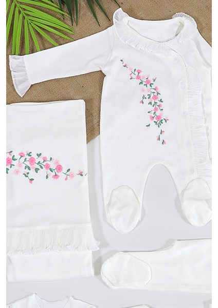 Kız Bebek Ekru Lüks Süslü Fistolu Çiçek Nakışlı Dantelli 10'lu Hastane Seti STL6470 fırsatları