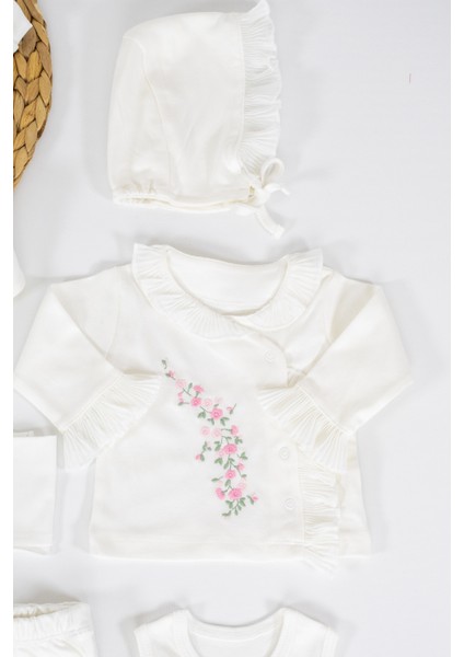 Kız Bebek Ekru Lüks Süslü Fistolu Çiçek Nakışlı Dantelli 10'lu Hastane Seti STL6470 indirimleri