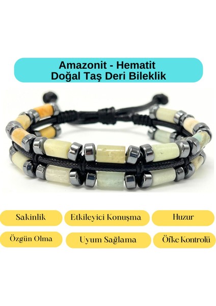 Sertifikalı Amazonit ve Hematit Makrome Doğal Taş Deri Erkek Bileklik